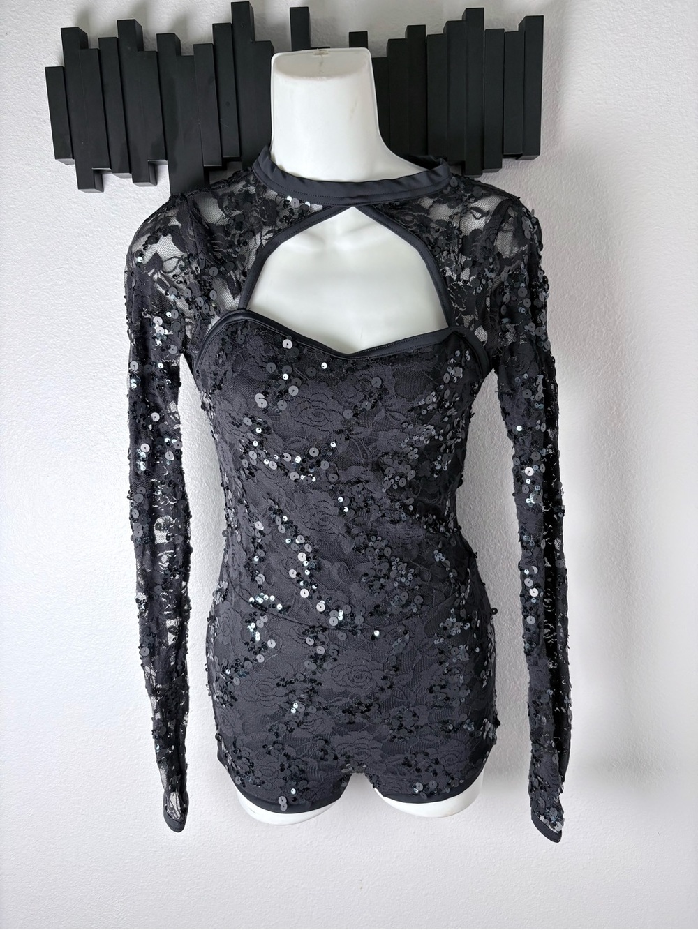 Balera Dance Costume Romper Black Sequin Lace Long-Sleeve Cutout Bodysuit